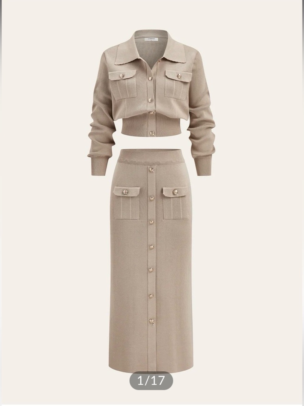 Commense Neutral Tan Knit Button-Down Cardigan & Midi Skirt Set